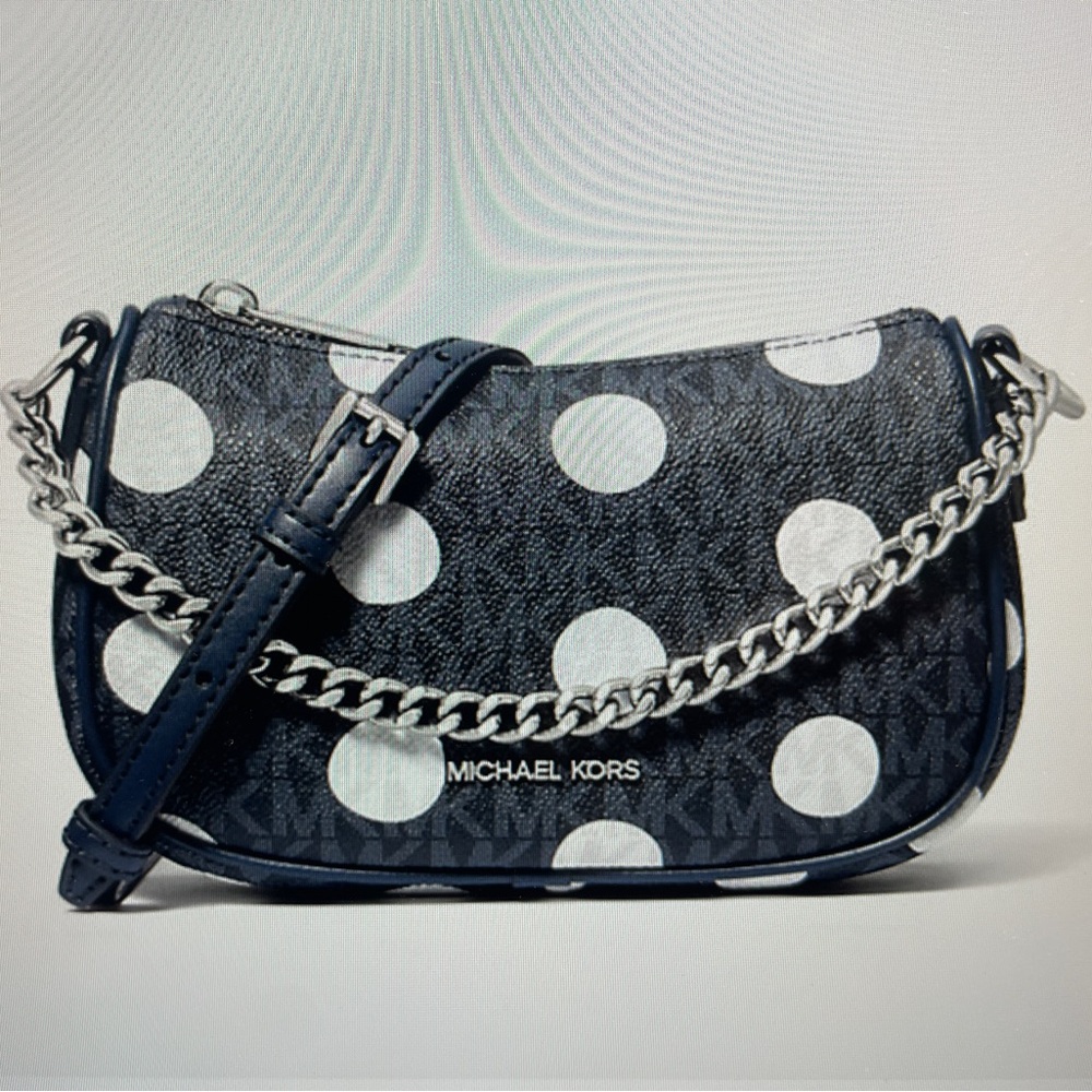 Michael Kors Carmela Navy and White Polka Dot and Signature Logo Crossbody Bag